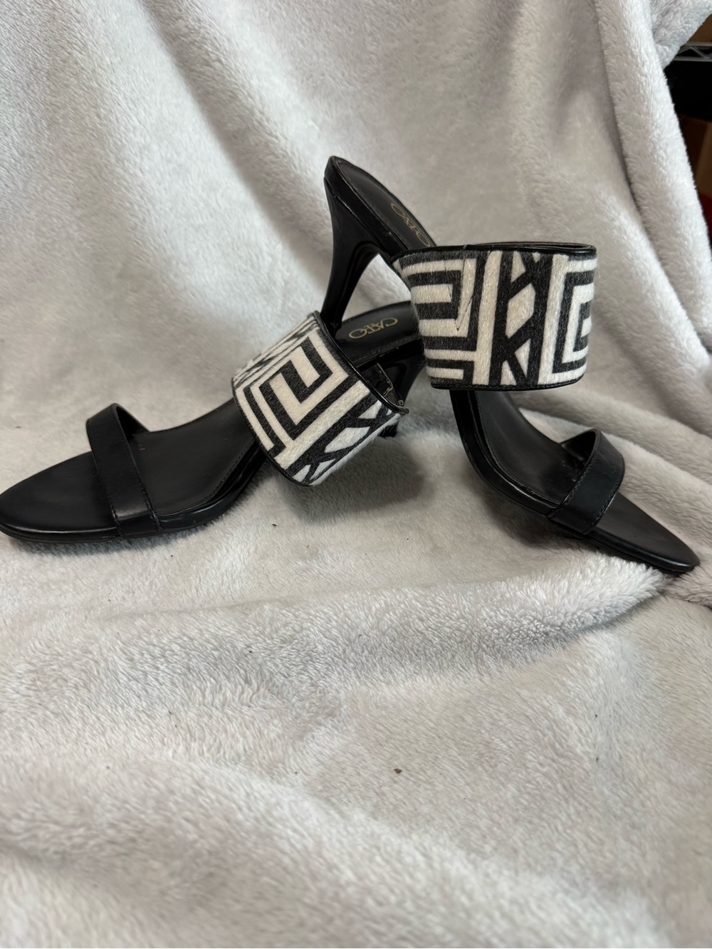 Cato Black and White Geometric Strap Heeled Sandals